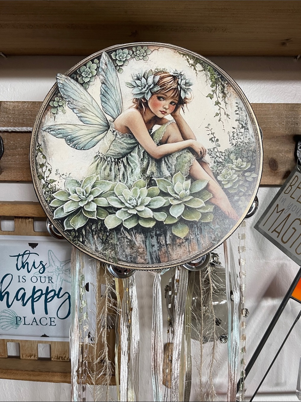 Whimsical Green Fairy Wall Hanging 10” Tambourine